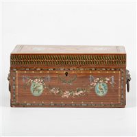 Lot 74 - Georgian mahogany caddy, brass lion mask handles, later hand painted decoration.