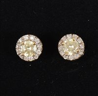 Lot 262 - A pair of circular diamond cluster earrings, the centre set with a yellow brilliant cut diamond and surrounded by twelve white brilliant cut diamonds