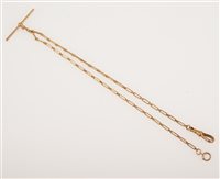 Lot 258 - A yellow metal oval link double watch albert chain, fitted with a swivel, T bar and bolt ring, 34cm long, approximate weight 8.2gms.