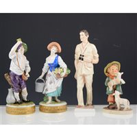Lot 9A - Pair Dresden figures, Royal Doulton cat, Goebel boy figure, Coalport HRH Prince of Wales, and other porcelain figures, (6).