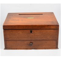 Lot 147 - A mahogany slope front stationery box with letter slot to top, the interior fitted with letter racks and recess for ink bottles, peg release for drawer below