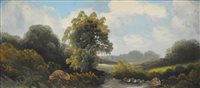 Lot 425 - English School, pair of Victorian landscapes, oil on board; and another oil, still life of fruit (3)