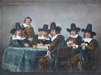 Lot 403 - After Jan de Bray, Die Vorsteher des Leprozenhuis in Haarlem, enamelled porcelain panel