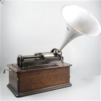 Lot 114 - Edison home phonograph, No. 261580, oak case, aluminium horn, width 41cm and two cloth cases of phonograph cylinders.