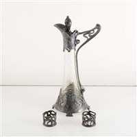 Lot 240 - An Art Nouveau/ Secessionist pewter and glass liqueur decanter and two liqueur glass holders, by WMF