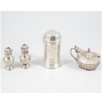 Lot 376 - A Victorian silver sugar dredger by Nathan & Hayes, with crest and motto to front, 9.5cm, Birmingham 1892, approx. weight 3.6oz