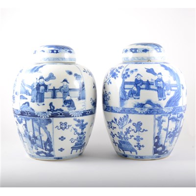 Lot 59 - Near pair of Chinese blue and white jars and covers, bearing Kangxi six character marks