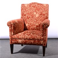Lot 523 - Small Edwardian easy chair, floral patterned upholstery, square tapering legs, width 71cm.