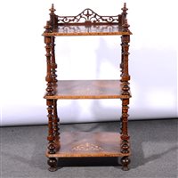 Lot 525 - A Victorian figured walnut and marquetry three heights whatnot, fretted three quarter gallery, turned and ringed uprights, Tunbridge ware outlines, width 54cm, height 100cm.