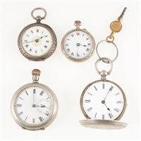 Lot 331A - Three silver coloured open faced fob watches, engine turned and engraved design, a full hunter fob watch marked "Fine Silver
