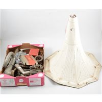 Lot 143 - Wind up gramophone parts, including two motors, a horn, a turntable and springs. (2 boxes)