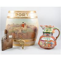 Lot 111 - Pair of Staffordshire pottery barrels, "Port" and "Special Extra Scotch" each printed with a hunting scene, 33cm, a Masons Ironstone hydra jug, and a hip flask with tots, (4).