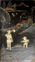 Lot 541 - Florentine style gilt gesso and carved wood wall mirror, rectangular plate, 57 x 55cm; and a Japanese black lacquered panel, painted and inlaid decoration, (2)