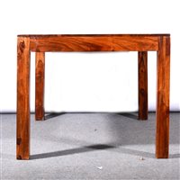 Lot 498 - Contemporary hardwood dining suite, comprising a rectangular table, on square section supports, 136cm x 90cm; and four high-back dining chairs, (5).