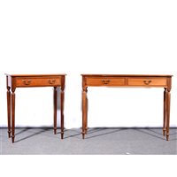 Lot 520 - Reproduction mahogany hall table, two frieze drawers, turned and tapering supports, 106cm; and a similar side table, single drawer, width 65cm,  (2)
