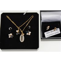 Lot 293 - A collection of sapphire jewellery, a 9 carat yellow and white gold oval pendant set with five vertical sapphires and twelve small diamonds on a fine figaro link chain 45cm long