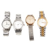 Lot 322 - Four gentlemen's wristwatches, a Marvin automatic watch in a gold coloured case with expanding bracelet, a Pulsar water resistant quartz stainless steel bracelet watch