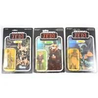Lot 260 - Three Star Wars figures, Teebo, Klaatu, Ree-Yees, Palitoy and Kenner, all in original Return of the Jedi blister-pack boxes, 65 and 79 backs, Klaatu is unpunched, (3).