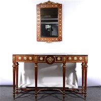 Lot 507 - French Empire inspired stained wood gilt metal breakfront console table, with a marble top, with a frieze with porcelain roundels, length 136cm; and a matching wall mirror, (2).