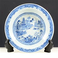 Lot 22 - Chinese export porcelain shallow dish, painted with lake landscape with pavillion and figures, diameter 18cm.