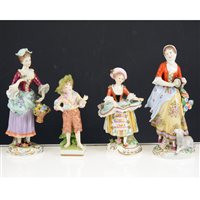 Lot 26 - Pair of Sitzendorf figures, fruit harvesters, 20th Century, 25cm, three other pairs of Sitzendorf figurines and four others, (12).