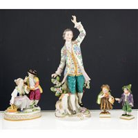Lot 28 - A collection of porcelain figurines, including three pairs of Sitzendorf figurines and a pair of Unter Weiss Bach figurines (tallest is 27cm high). (13)