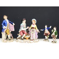 Lot 39 - A pair of Sitzendorf figures of a young lady and gentleman, 20th Century, 20cm, three other Sitzendorf figures and a collection of Continental figurines, together with a group, (16).