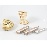 Lot 202 - Three silver containers, cheroot, needles, a modern snuff box and small bust of a soldier 55mm. (5)