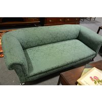 Lot 493 - Edwardian Chesterfield settee, patterned cotton upholstery, on squat walnut supports, length 210cm.