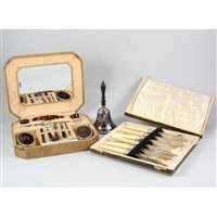 Lot 145 - A quantity of silver-plated wares, including candelabra, teaware, dishes, Wedgwood jasper ware barrel, cutlery, manicure set, silver table bell, etc.
