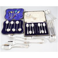 Lot 385 - A quantity of silver flatware, including boxed set of swan-necked teaspoons by William Hutton & Sons Ltd, blue velvet lining, Birmingham 1912; boxed set of six teaspoons plus sugar tongs by C.W. Fl...