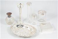 Lot 381 - A quantity of silver items, including a bon-bon dish by William Aitken, repousse chased with pierced sides, Chester 1899, approx. weight 4.4oz, 22cm; a cigarette/jewel box, engine-turned... (9)