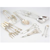 Lot 120 - A quantity of silver-plated and EPNS flatware, including a cased set of six pastry knives and forks by Mappin & Webb, blue lining, lid with brass escutcheon; a cased set of six butter knives with g...