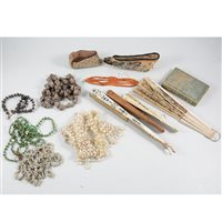 Lot 203 - Bone and lace fan, damaged, mother of pearl fan, other fans, shells, beads, etc.