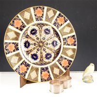 Lot 8 - Royal Crown Derby Imari pattern plate and four Royal Worcester bird models., Wedgwood bowl, two silver napkin rings and a Mappin Webb mustard pot.