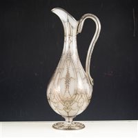 Lot 27 - Silver overlaid opaque glass ewer, pear shaped, damaged handle, 32cm.