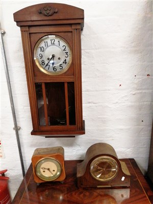 Lot 136 - A walnut cased wall clock, an inlaid walnut presentation mantel clock and a Smiths mantel clock