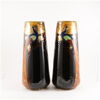 Lot 526 - A pair of Phoenix Ware vases with Peacock and Rising Sun, by John Forester & Sons