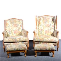 Lot 405 - Pair of modern French stained beechwood bergere easy chairs