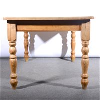 Lot 394 - Modern pine kitchen table, scrubbed top, turned legs, 155cm x 92cm.