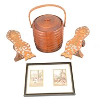 Lot 122 - A collection of Baxter prints, a pair of mother-of-pearl inlaid Japanese shoes, a quantity of French silverplated flatware, two boxed Royal Worcester egg coddlers and a biscuit barrel.