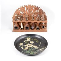 Lot 89 - Carved beech pipe rack, 32cm, paper mache pipe rack, clay pipes, other pipes, etc.