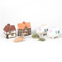 Lot 45 - Two boxes of porcelain and ceramic figures, including Wade Whimsies, Mudlen End cottages, Beswick and others.