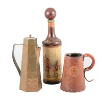 Lot 133 - Two boxes of wooden items, tankards and metal ware.