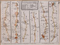 Lot 321 - J Bye, "Commencement of the Roads to the Lakes of Lancaster, Westmoreland & Cumberland, as far as Hinckley & Leicester", hand coloured road map, 30.5cm x 25.5cm visible size, The Road from London t...