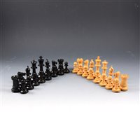 Lot 127 - Box of ebony chess pieces, stained mahogany box, some damage, Staunton Pattern.