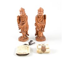 Lot 126 - Japanese bone four-section inro, two carved figures and a small bone casket with hardstone pig.
