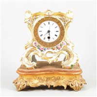 Lot 114 - French porcelain mantel clock, white enamel dial, replaced movement, on a gilt composition plinth.