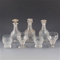 Lot 65 - Near pair of Regency style cut-glass mallet-shape decanters, ...