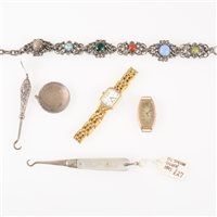 Lot 284 - A box of collectables and jewellery, two small mother of pearl button hooks and a silver handled one, a lady's Pulsar gold-plated bracelet watch, a vintage watch with 18k case